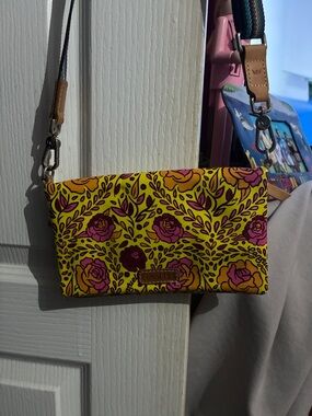 Consuela Yellow Floral Crossbody Bag with Pink and Orange Roses